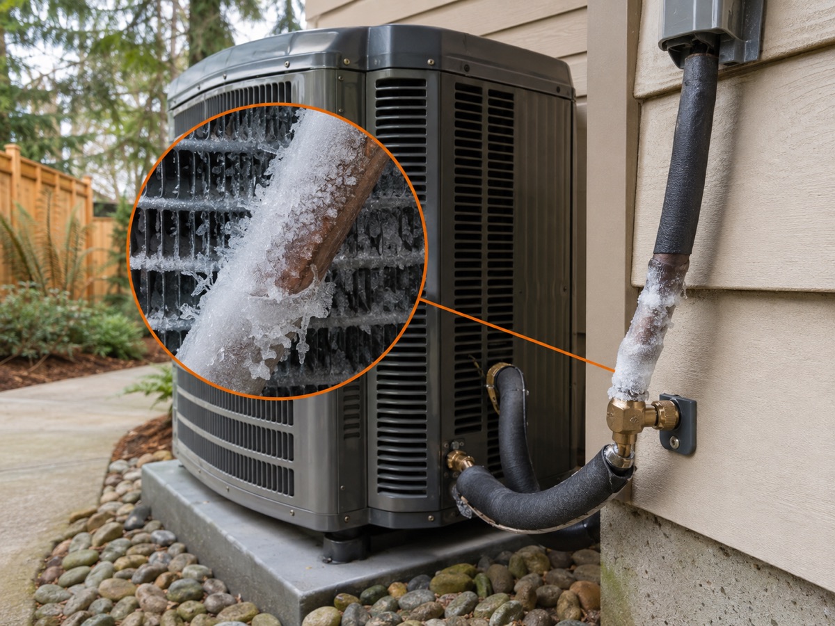 Residential air conditioner with a circular close-up of ice on the refrigerant line and coil