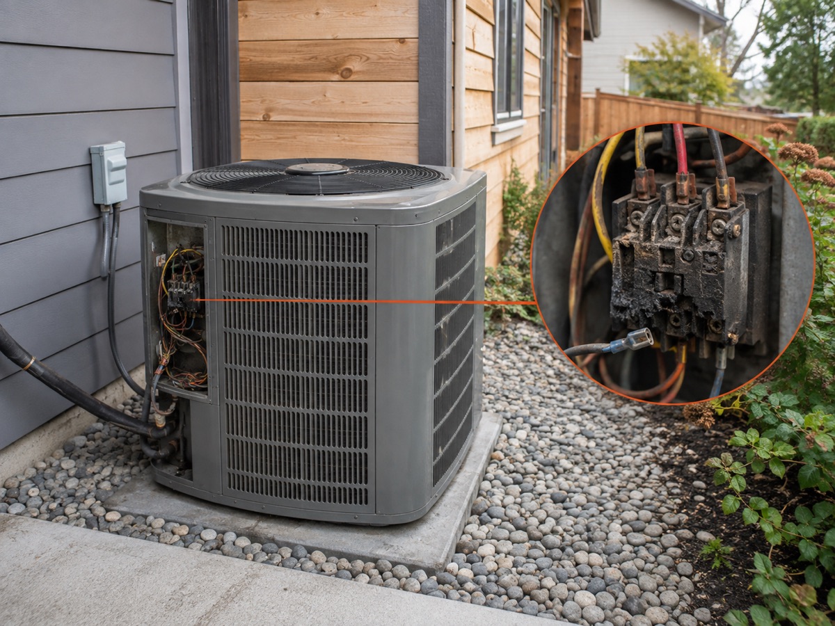 Stationary outdoor air conditioner with a circular close-up of a damaged contactor connection