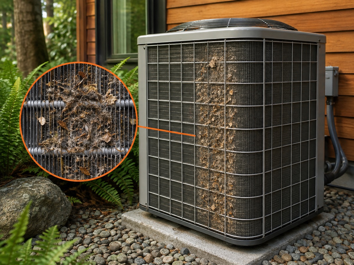 Outdoor air conditioner with a circular close-up of debris restricting the condenser coil