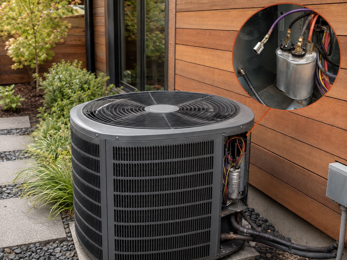 Residential air conditioner with a circular diagnostic close-up of a failed capacitor and compressor terminal