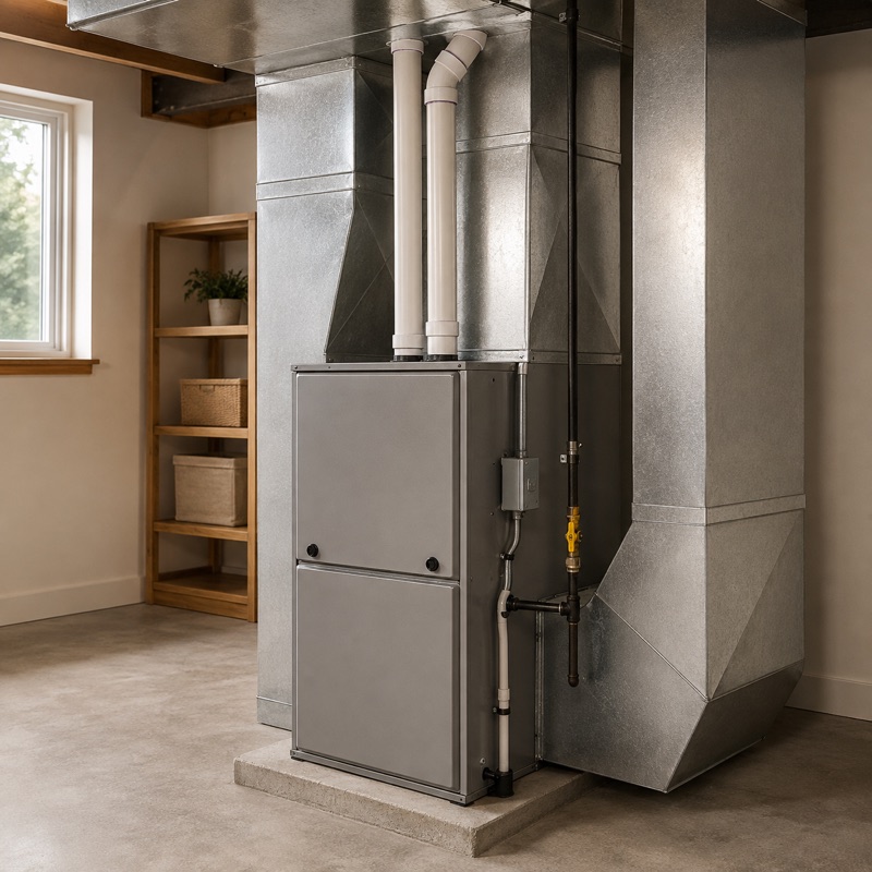 Residential forced-air gas furnace in a utility room