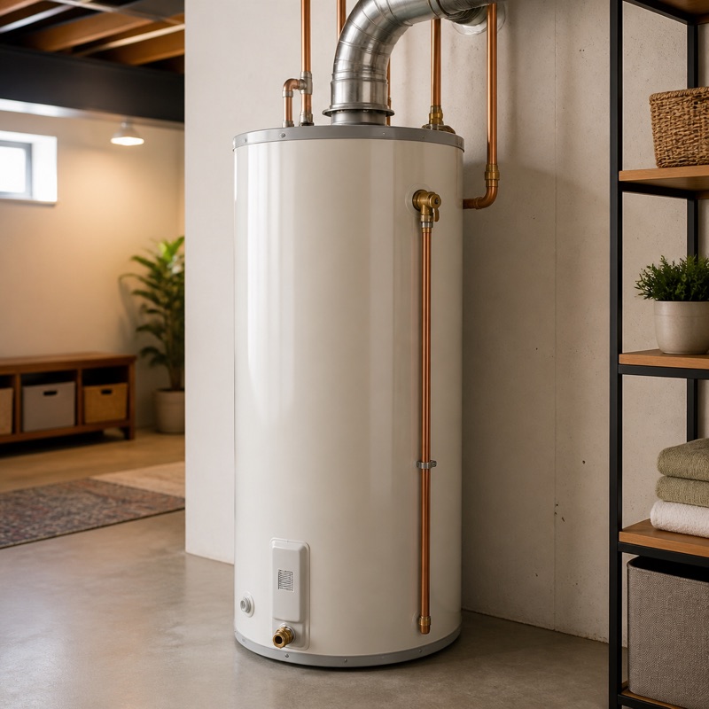Residential tank water heater in a utility room