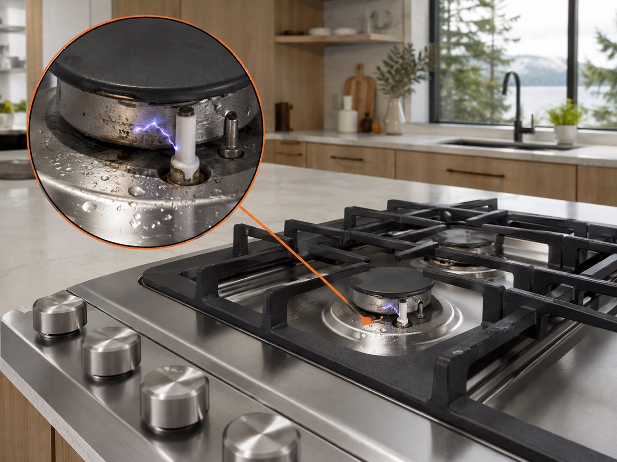 Gas cooktop with a circular close-up of moisture and residue around the igniter