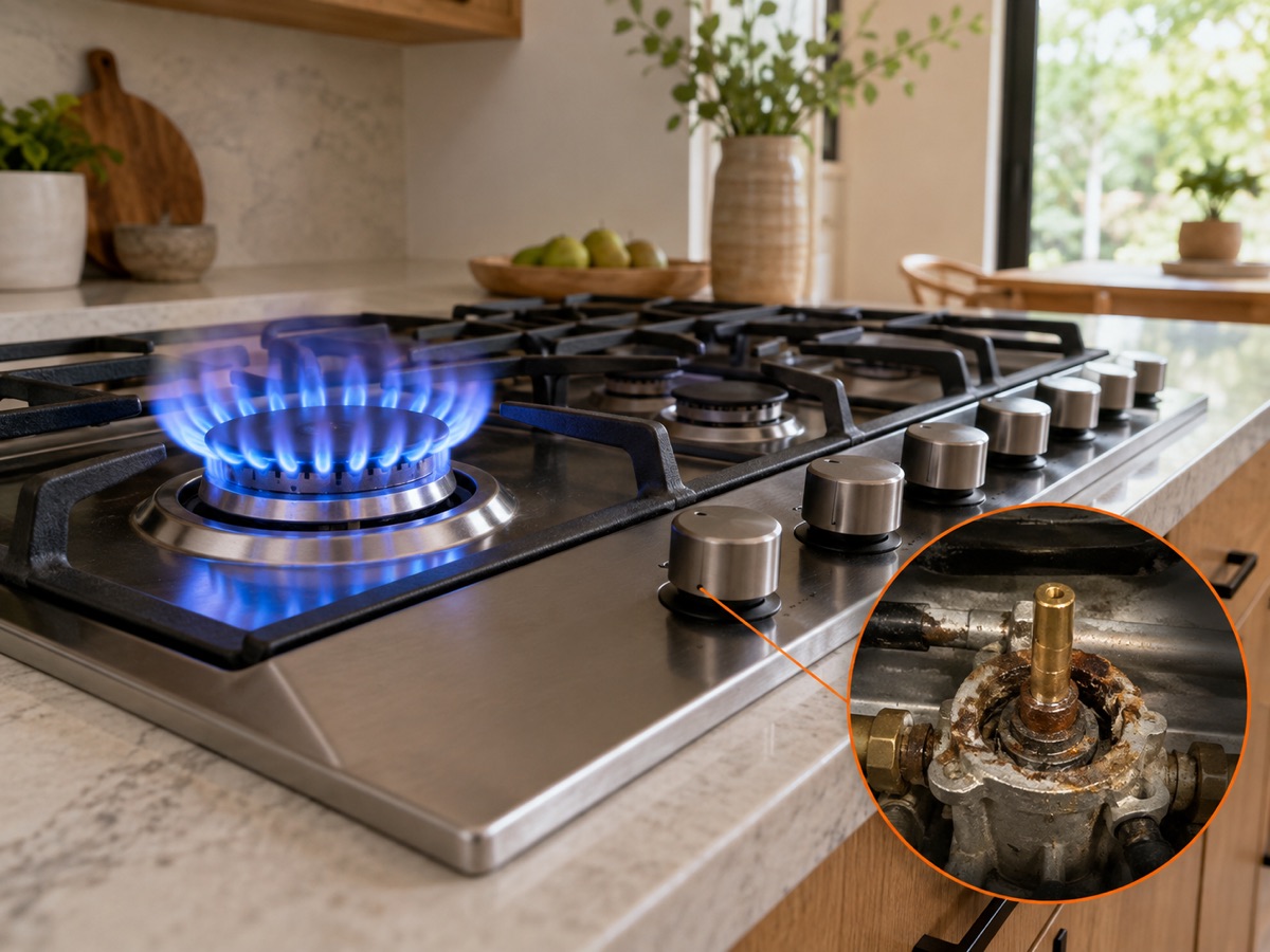 Gas cooktop with a circular diagnostic close-up of a worn burner control valve