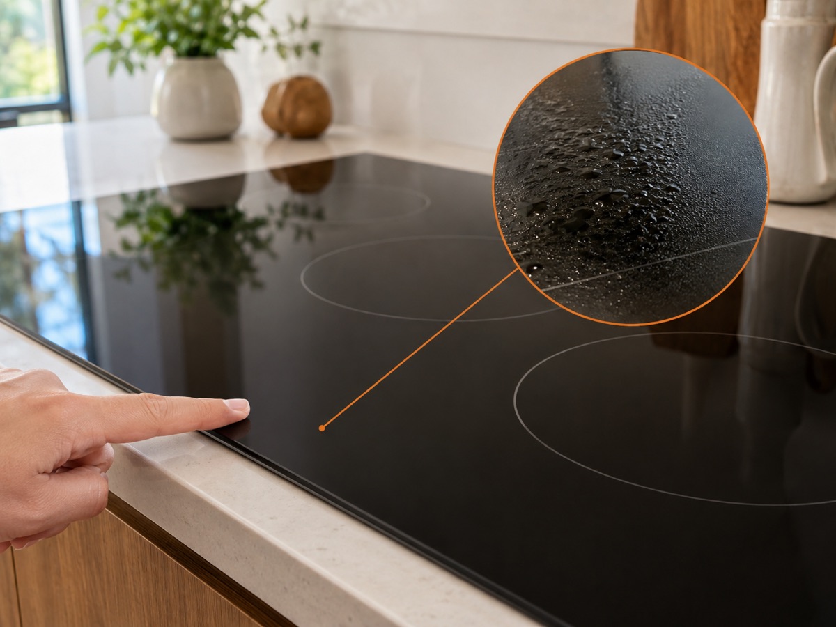 Induction cooktop with a circular diagnostic close-up of moisture on the touch-control surface