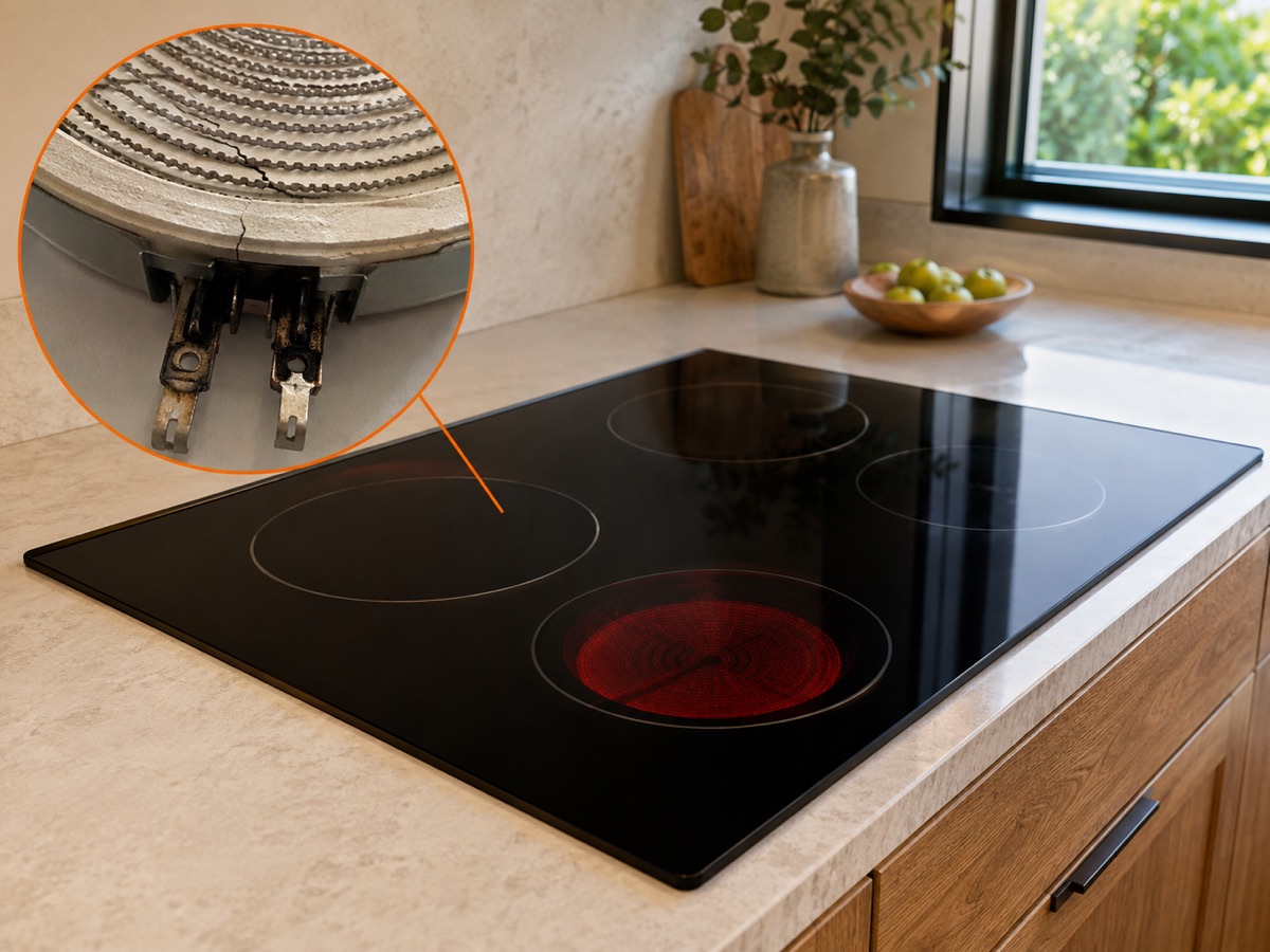 Electric cooktop with one inactive zone and a circular close-up of a damaged radiant element connection