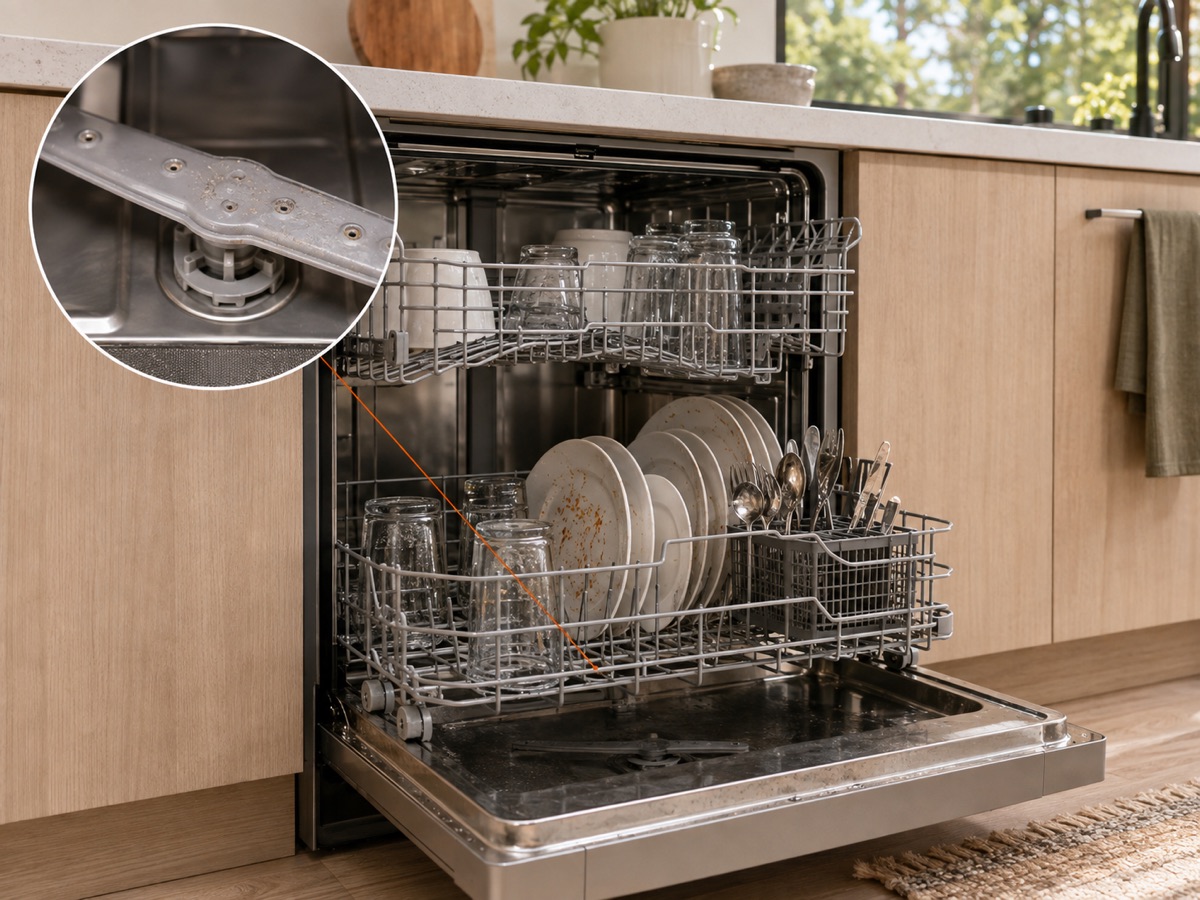 Dishwasher with cloudy dishes and a circular close-up of blocked spray-arm jets