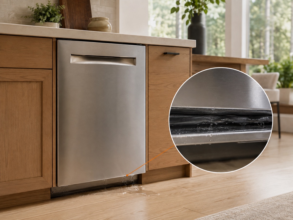 Built-in dishwasher with a circular close-up of a wet and worn lower door gasket
