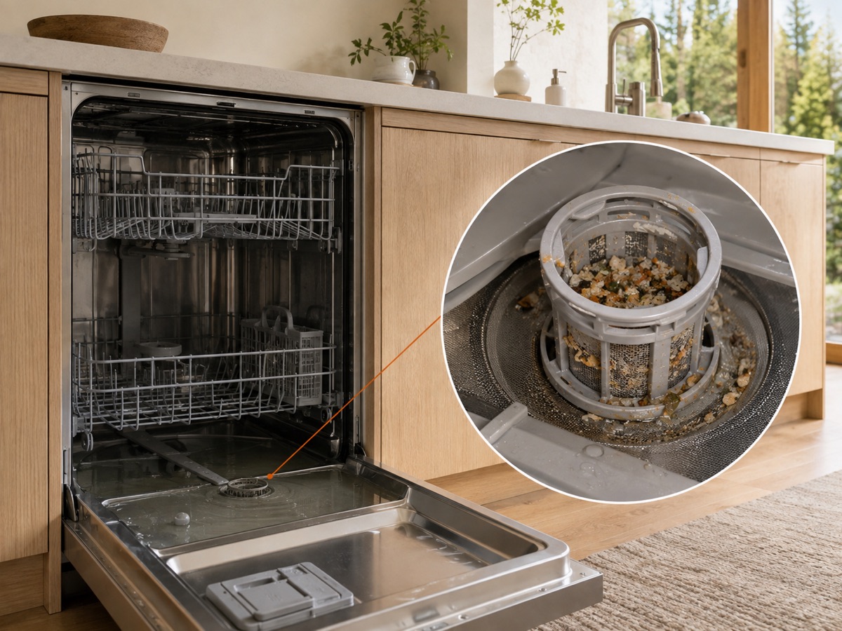 Open dishwasher with standing water and a circular close-up of a clogged sump filter