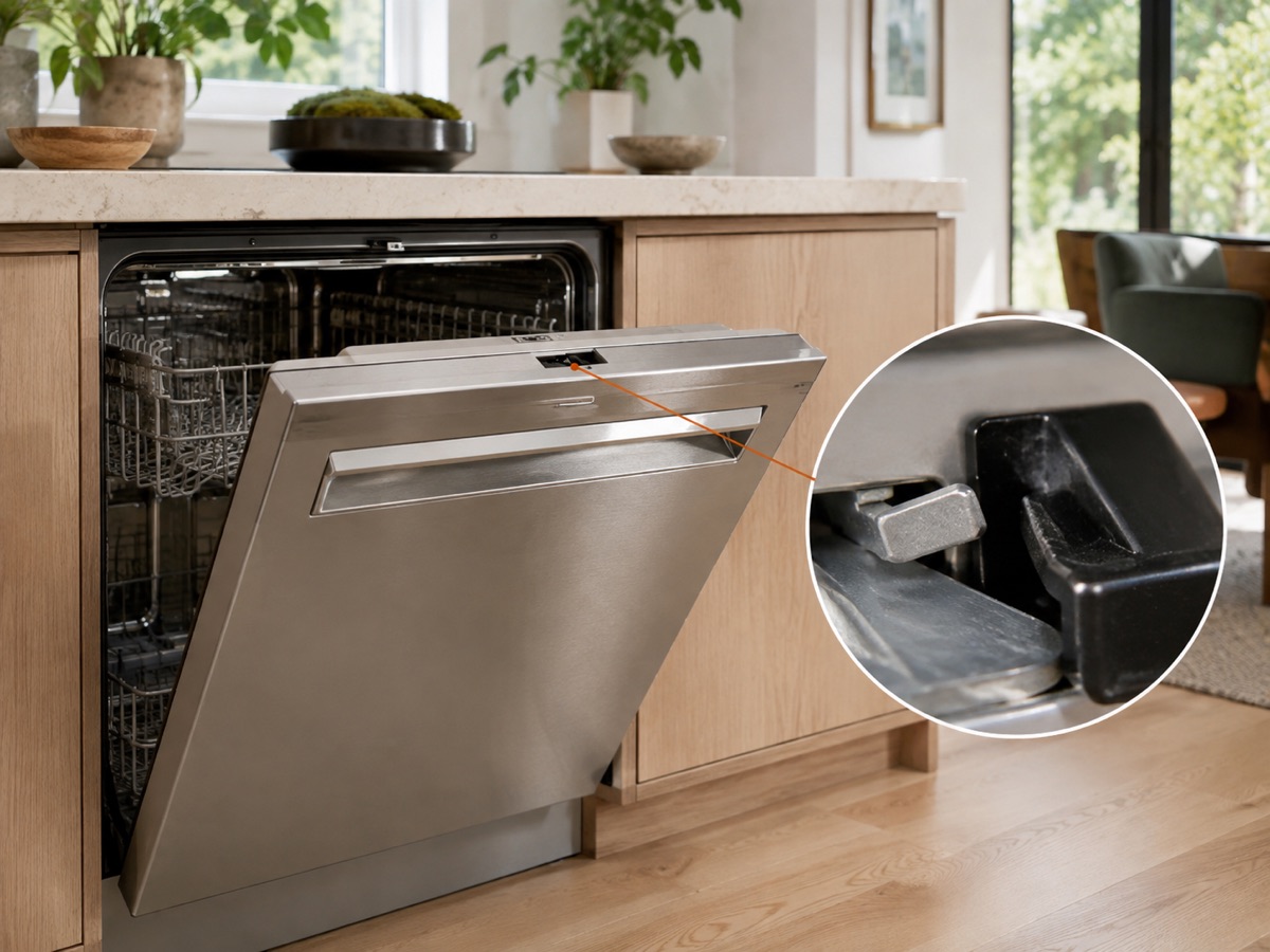 Partly open dishwasher with a circular diagnostic close-up of a misaligned door latch