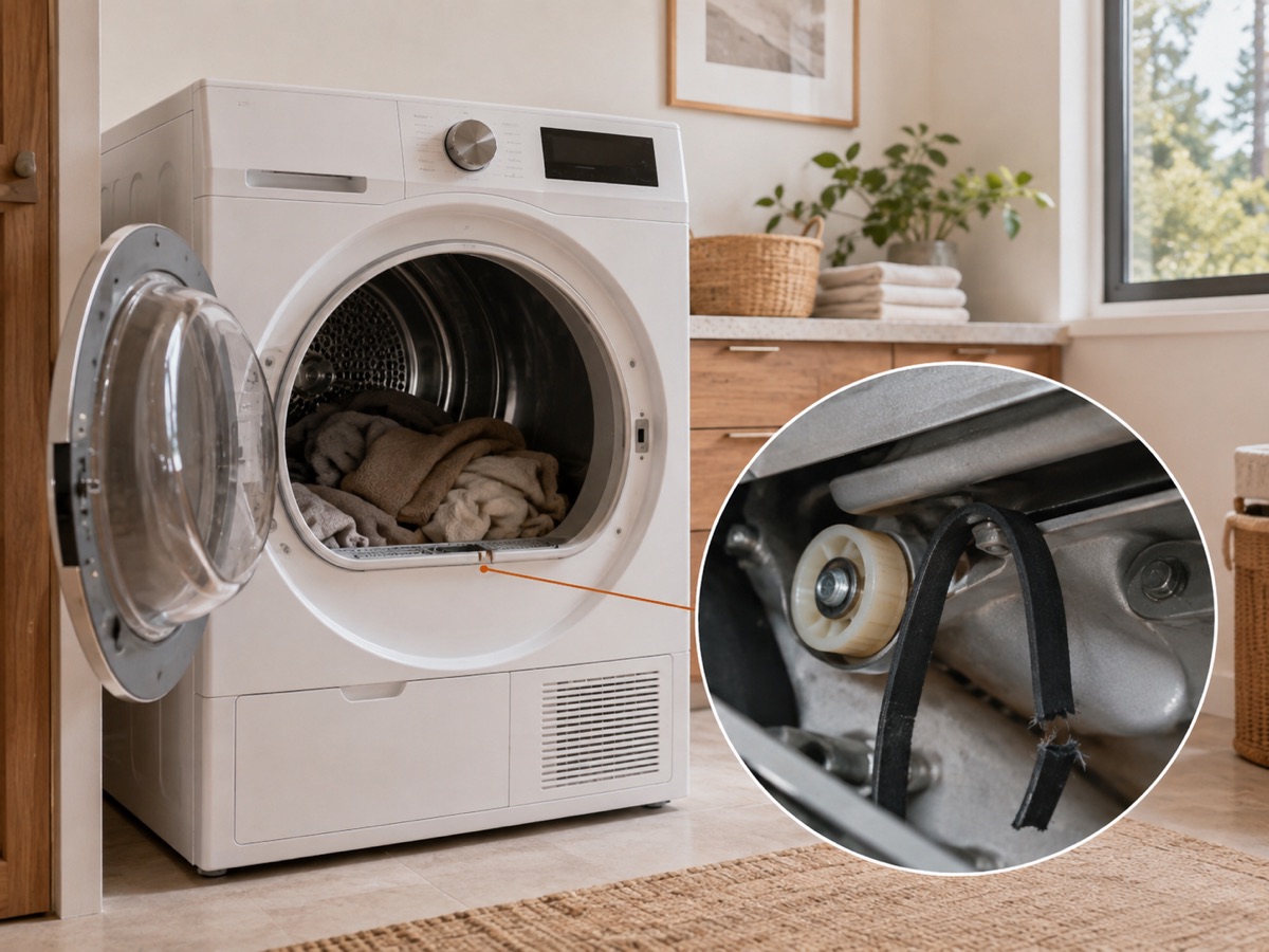 Front-load dryer with a circular close-up of a snapped drum belt and idler