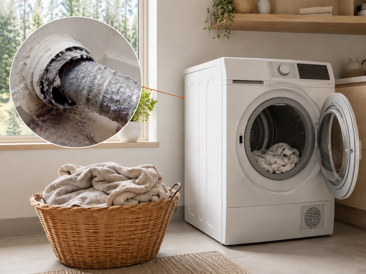 Clothes dryer with damp laundry and a circular close-up of a lint-restricted exhaust duct