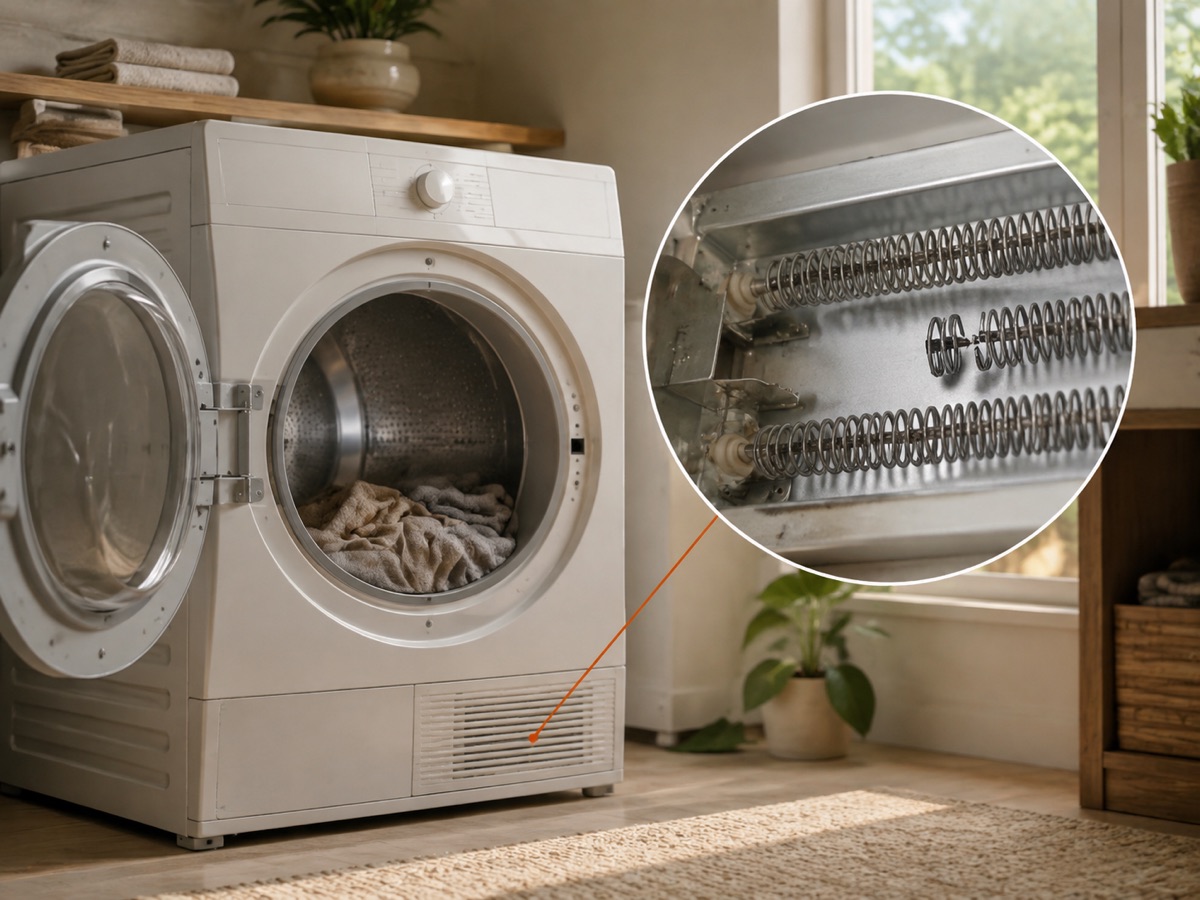 Front-load dryer with a circular diagnostic close-up of a broken heating-element coil