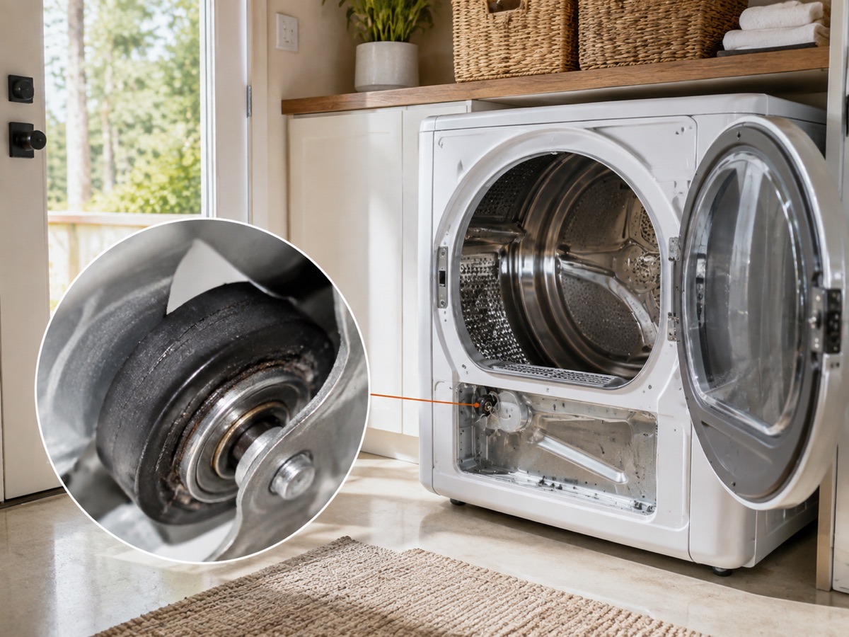 Clothes dryer with a circular diagnostic close-up of a worn drum support roller