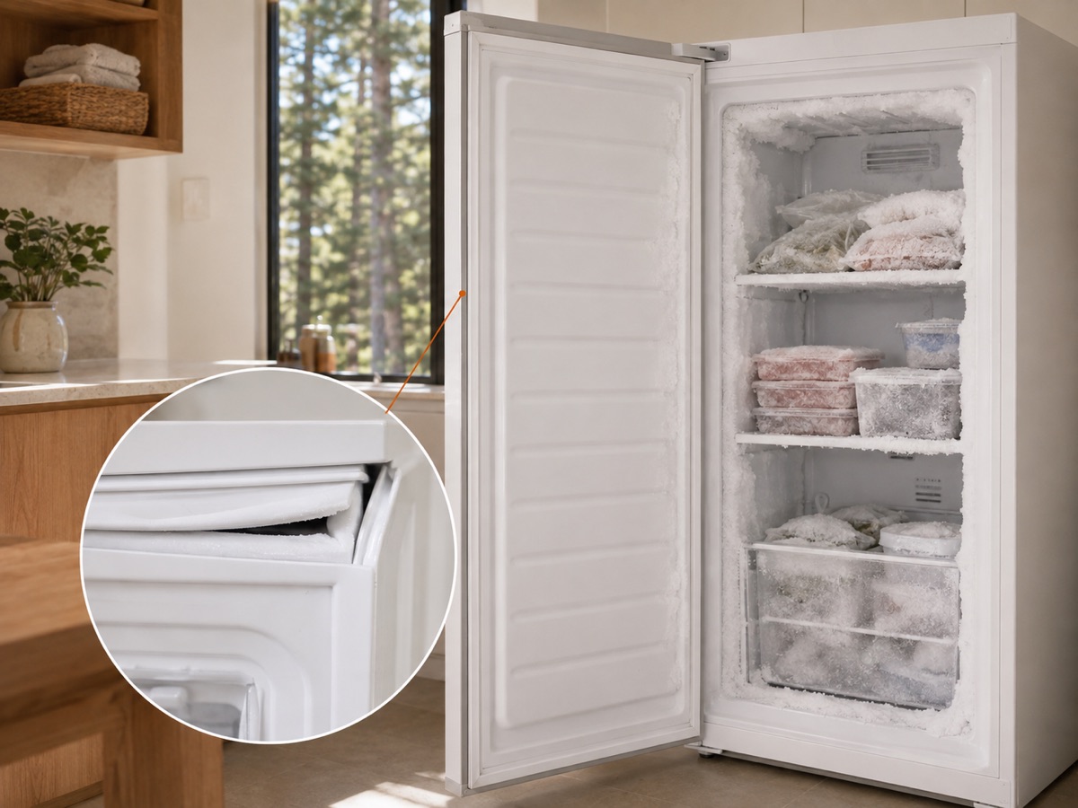 Frosty upright freezer with a circular close-up of a warped door gasket and sealing gap