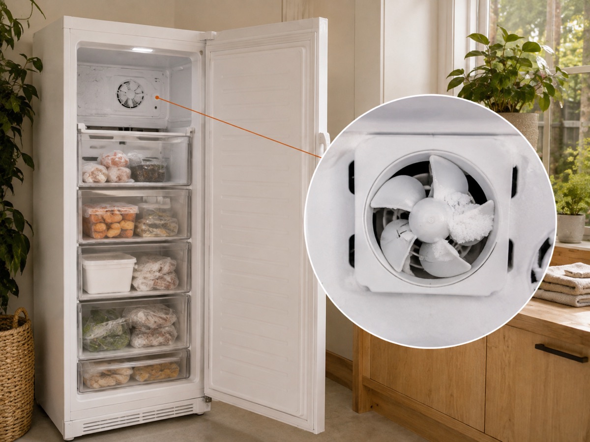 Upright freezer with a circular diagnostic close-up of an iced evaporator fan obstruction