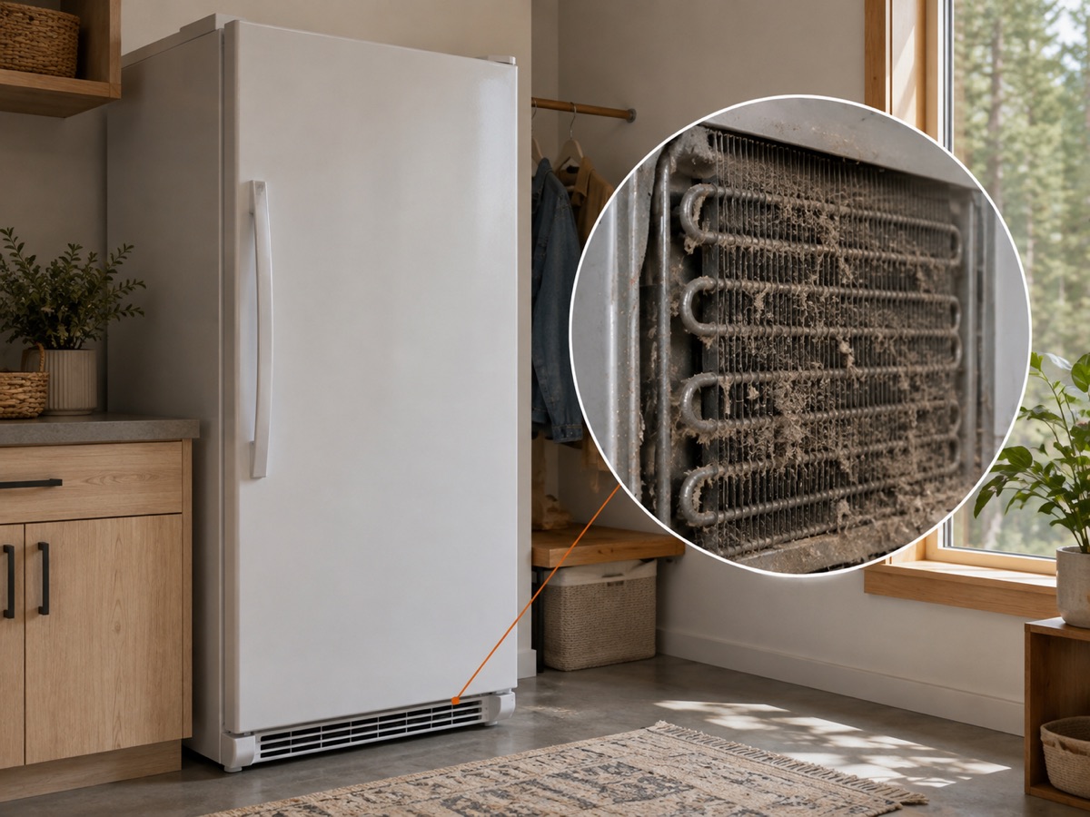 Household freezer with a circular diagnostic close-up of lint-clogged condenser coils