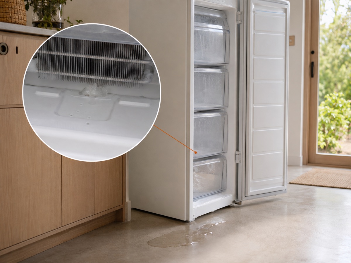 Upright freezer with water nearby and a circular close-up of an iced defrost drain