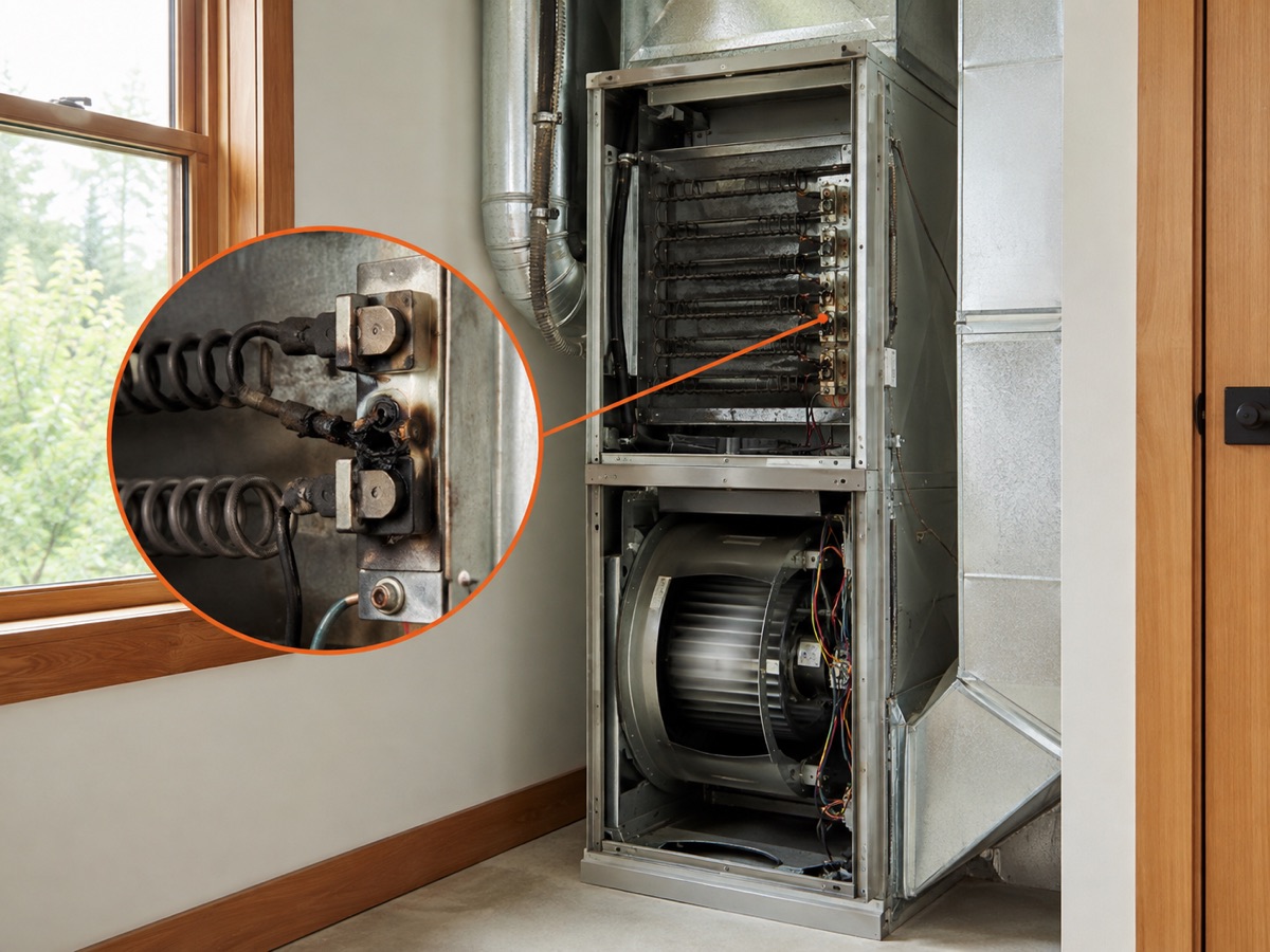 Electric furnace with a circular diagnostic close-up of a failed heating coil connection