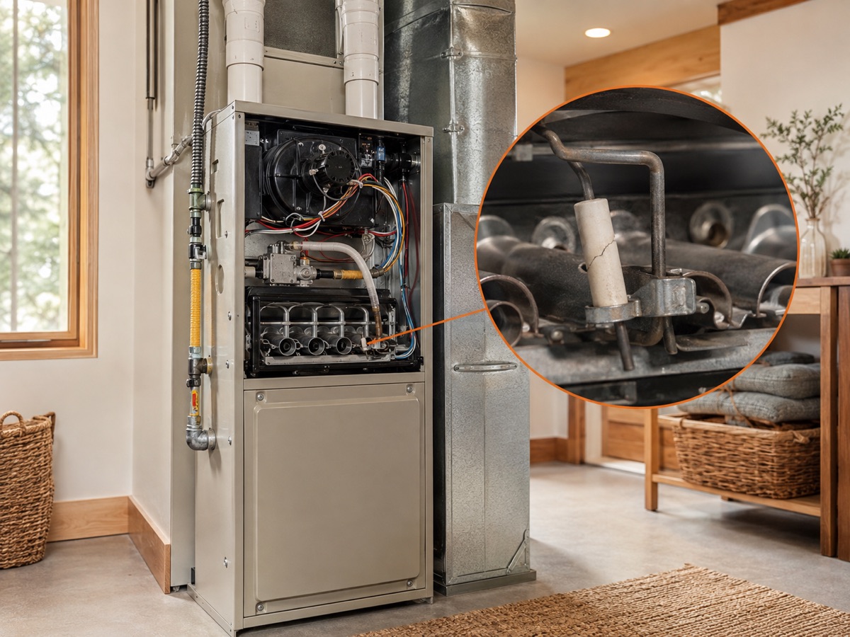 Open residential furnace with a circular diagnostic close-up of a cracked hot-surface igniter