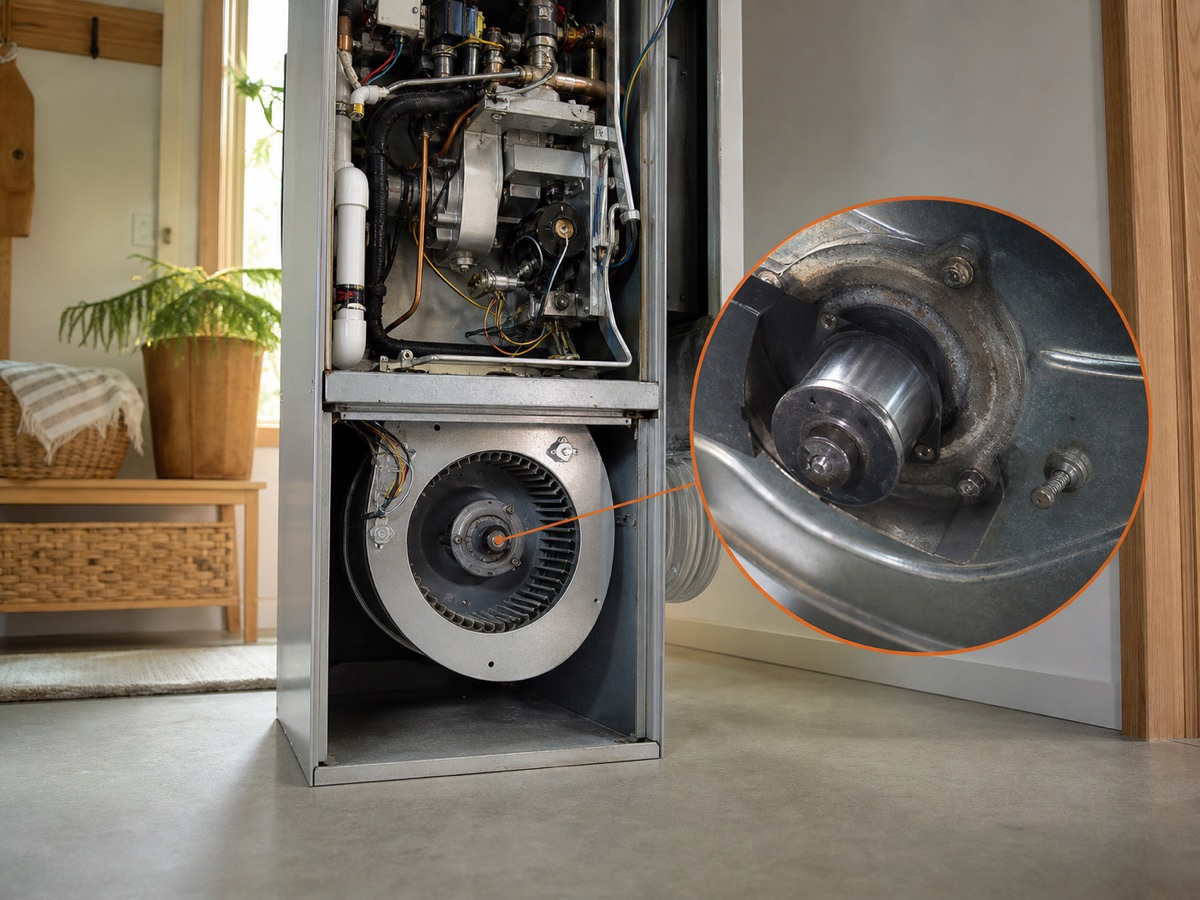 Open residential furnace with a circular close-up of a worn blower hub
