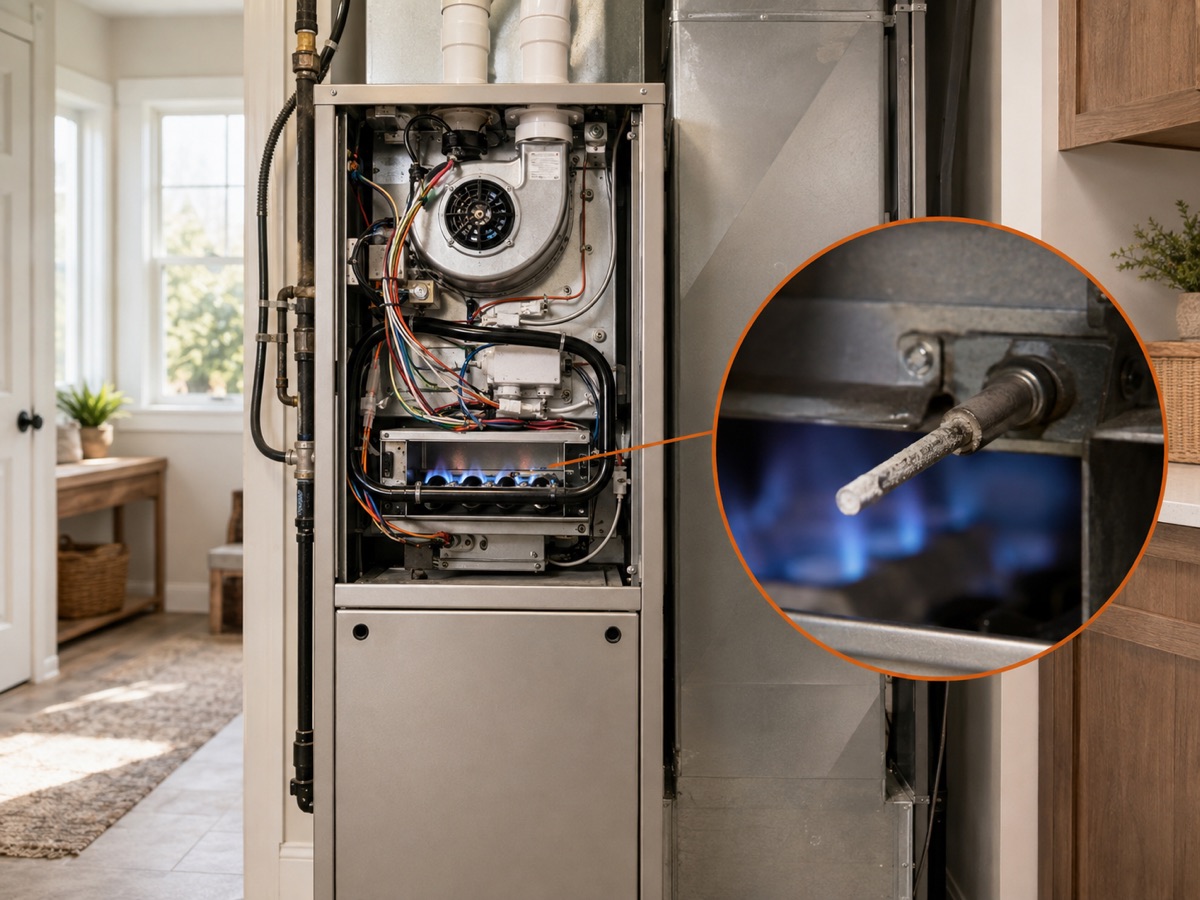 Residential furnace with a circular close-up of an oxidized flame-sensor rod