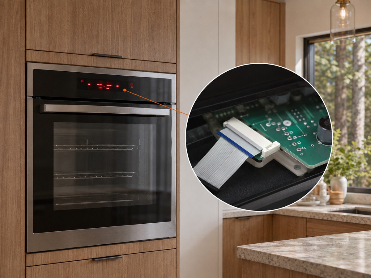 Built-in appliance with a warning display and a circular close-up of a loose control-board ribbon cable