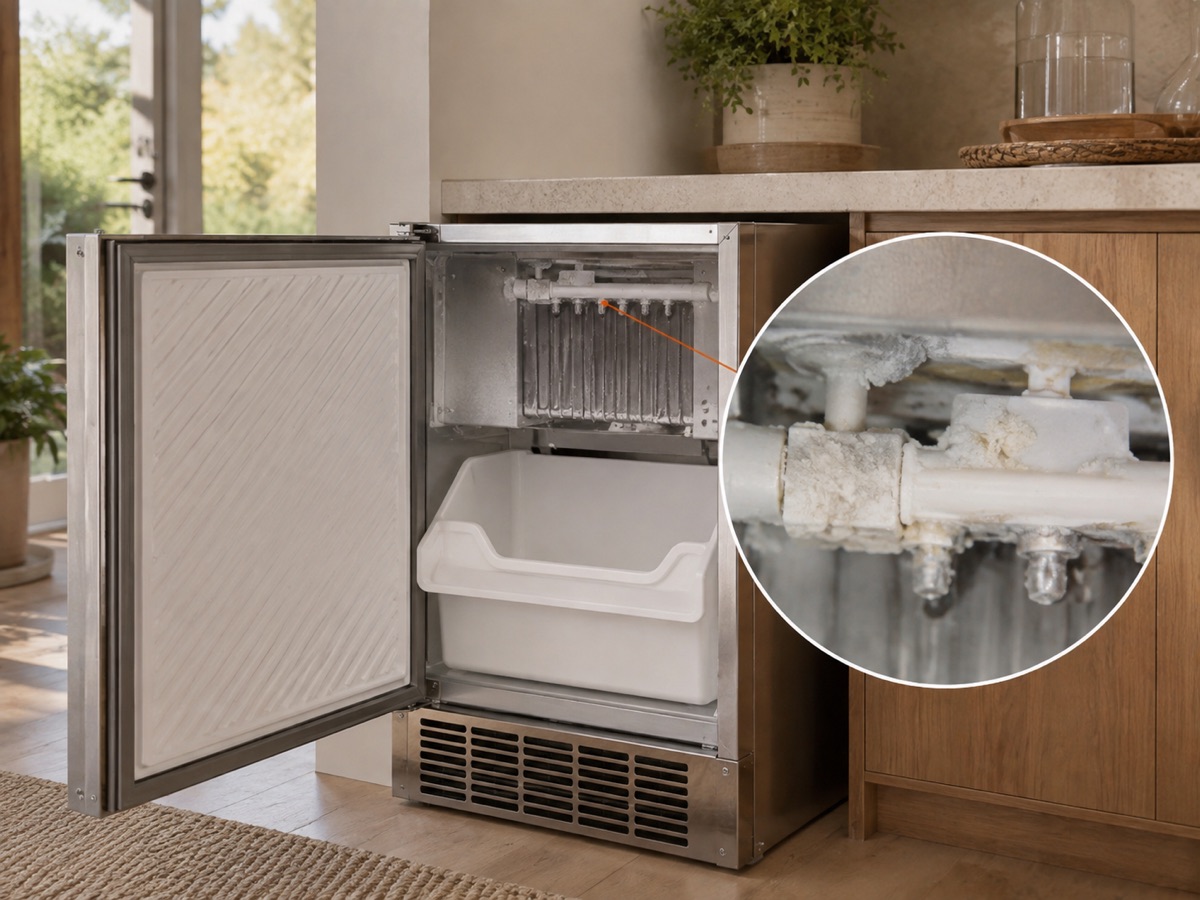 Undercounter ice machine with a circular close-up of mineral buildup at the water inlet