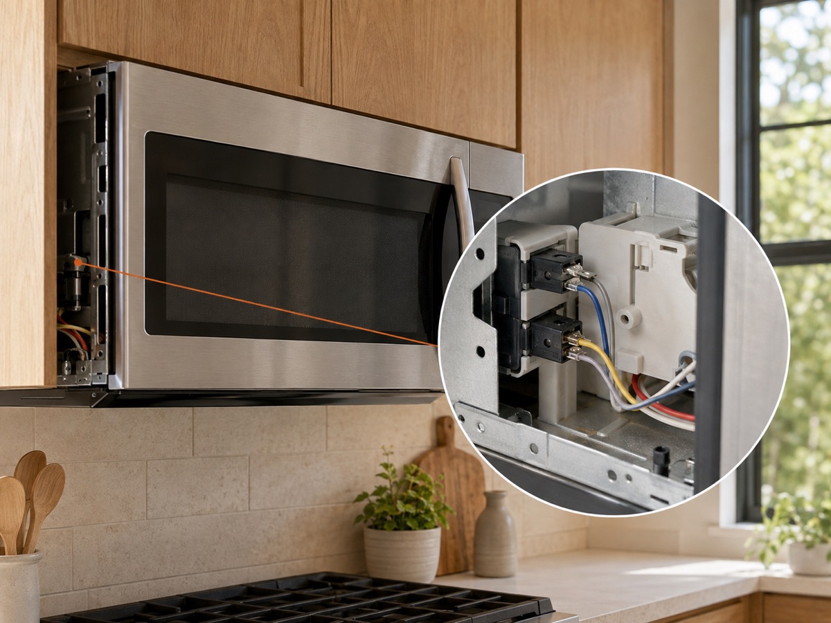 Built-in microwave with a circular diagnostic close-up of the door interlock switches