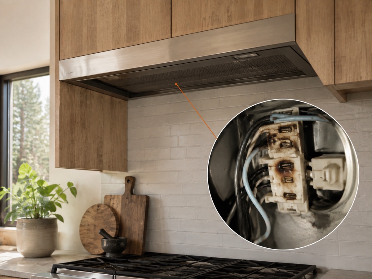 Kitchen range hood with a circular diagnostic close-up of a damaged motor-control connection