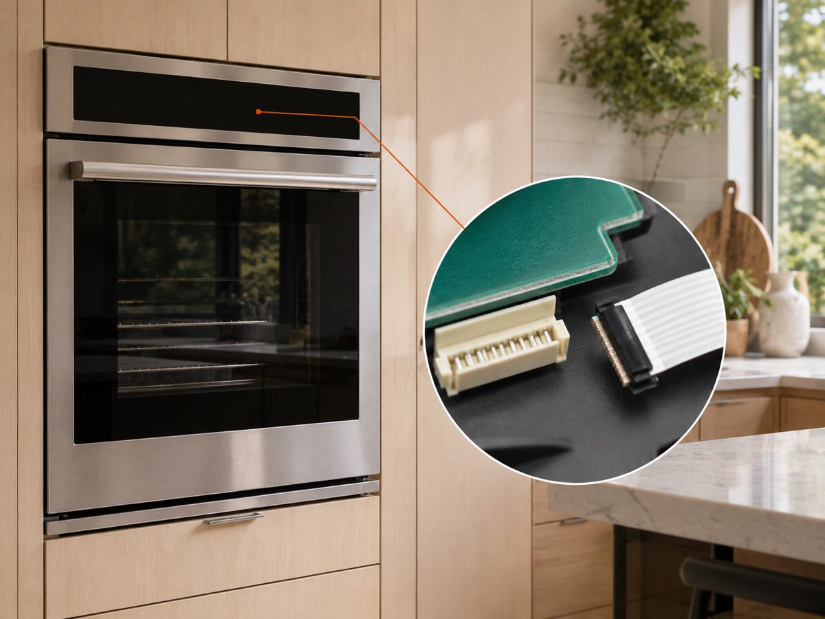 Wall oven with a blank display and a circular close-up of a disconnected control ribbon cable