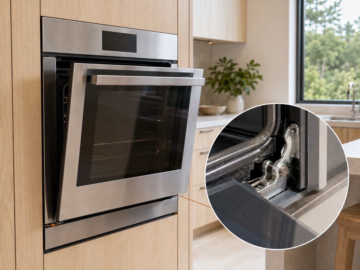 Wall oven with a misaligned door and a circular diagnostic close-up of a damaged hinge