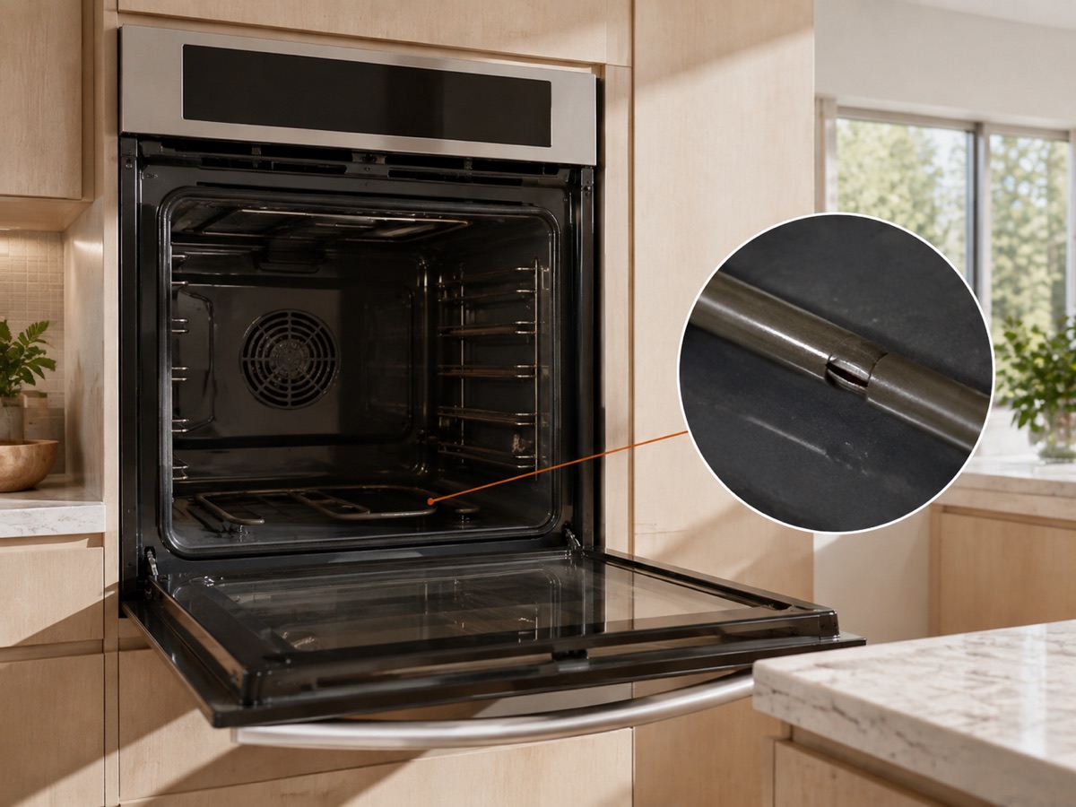 Open wall oven with a circular diagnostic close-up of a cracked bake element