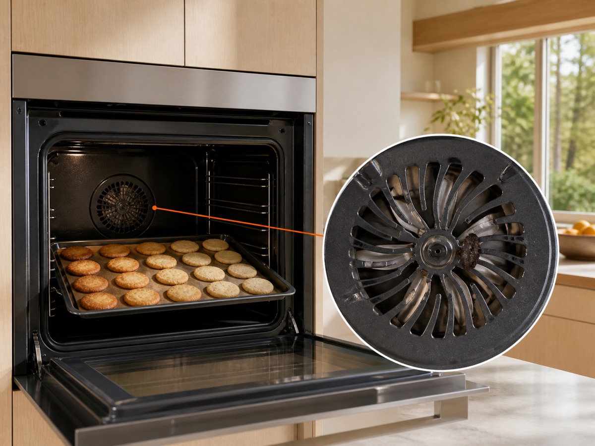 Convection oven with unevenly browned food and a circular close-up of an obstructed fan
