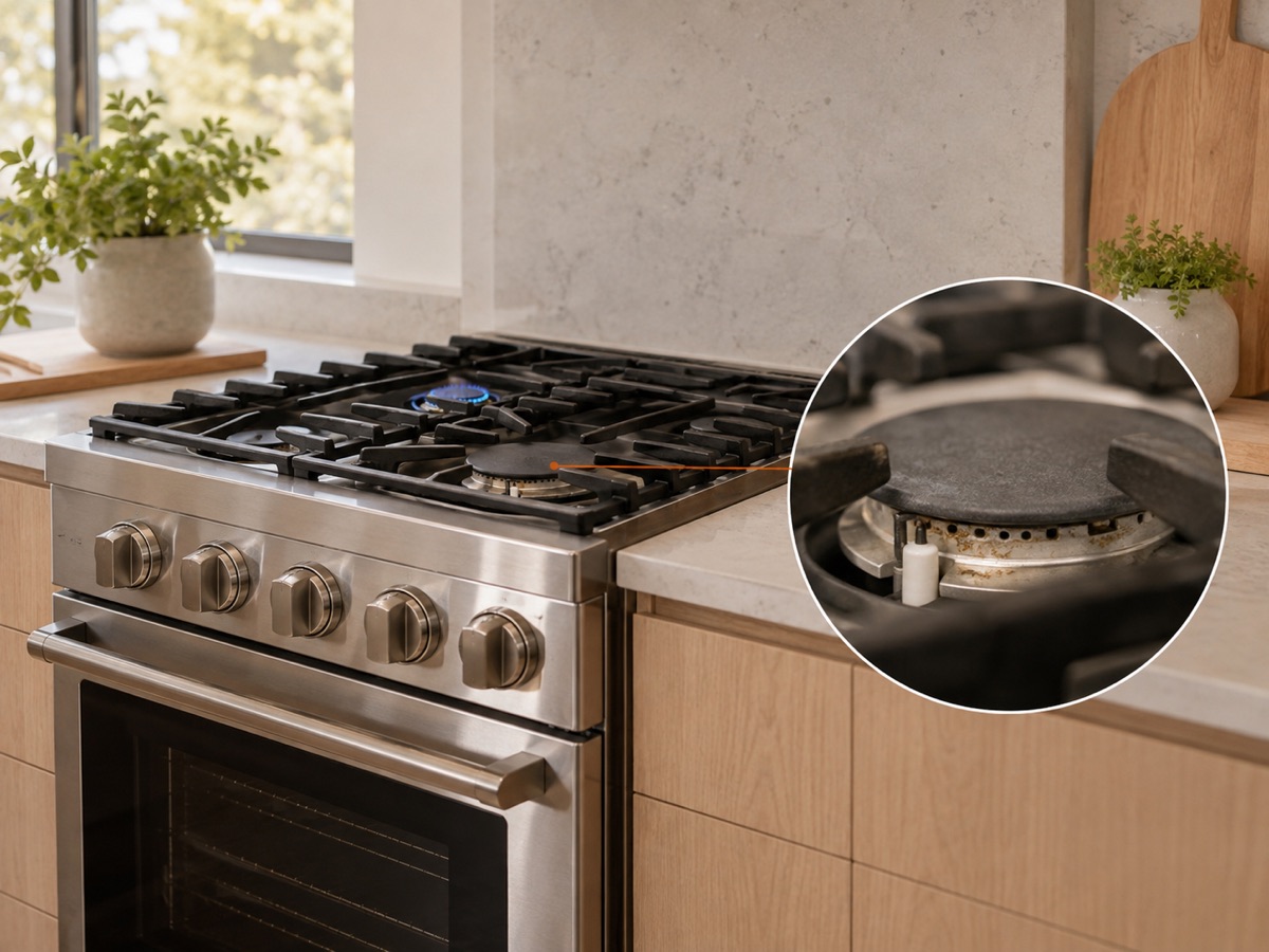 Kitchen range with one unlit burner and a circular close-up of the burner cap and igniter