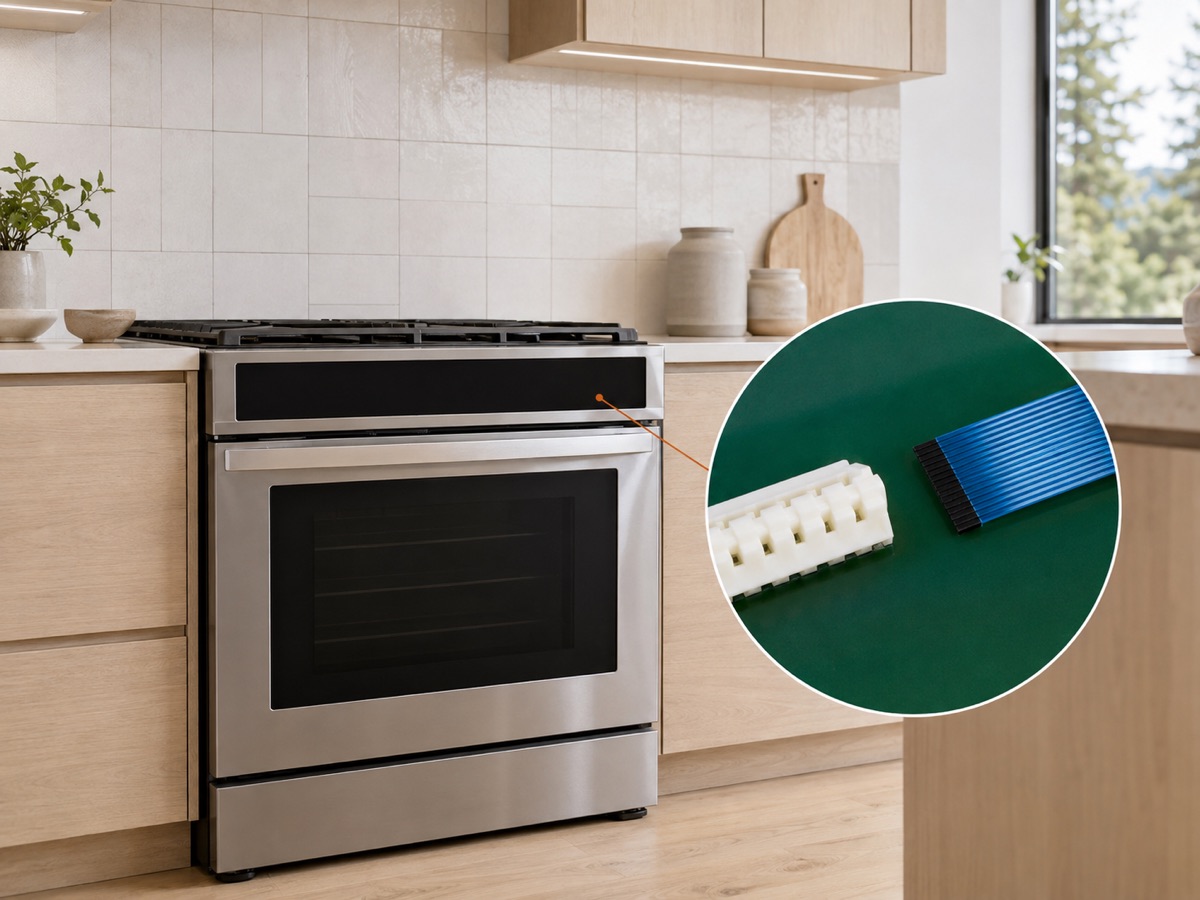 Kitchen range with a blank control panel and a circular close-up of a disconnected ribbon cable