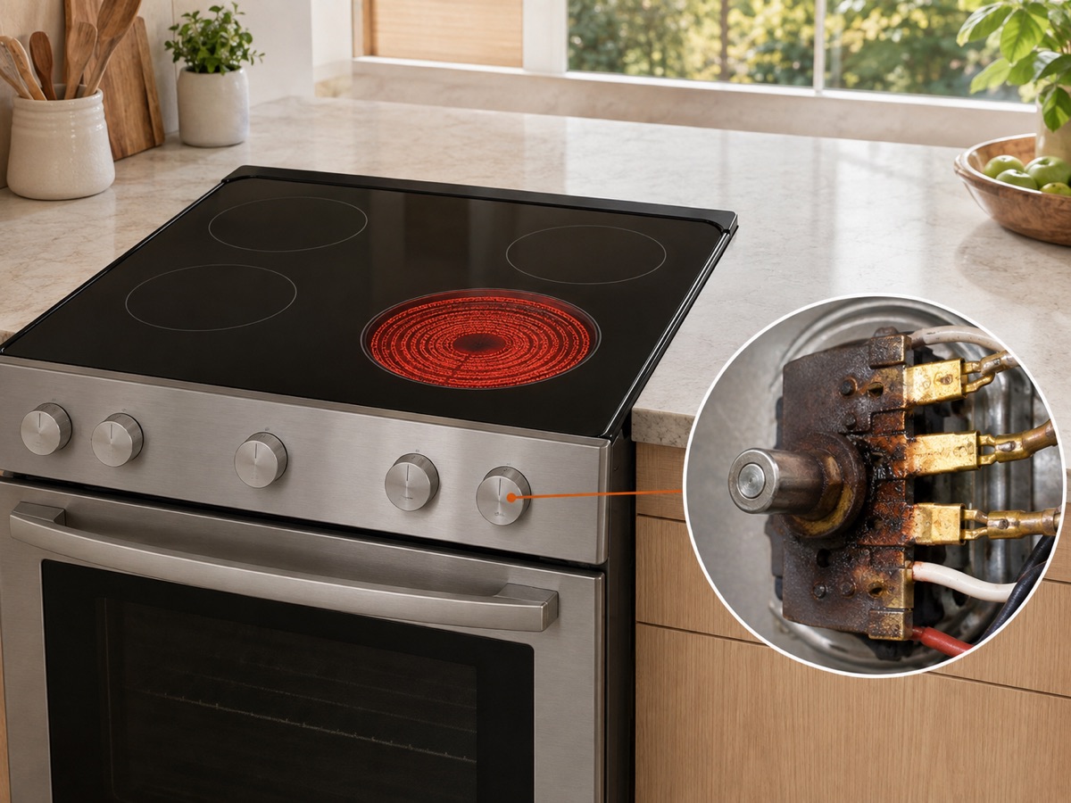 Electric range with a circular diagnostic close-up of a heat-damaged burner switch