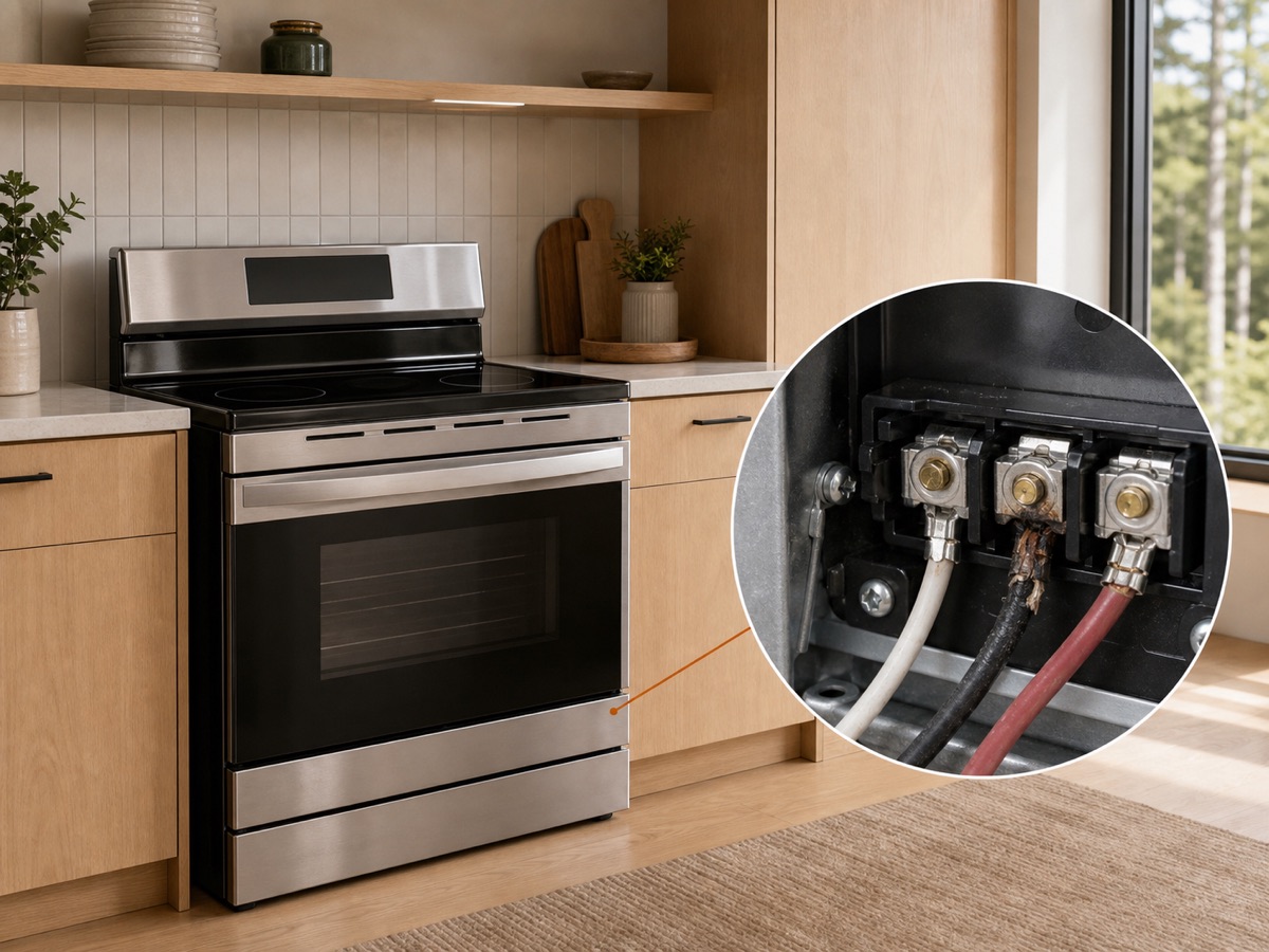 Electric range with a circular diagnostic close-up of a heat-damaged terminal connection