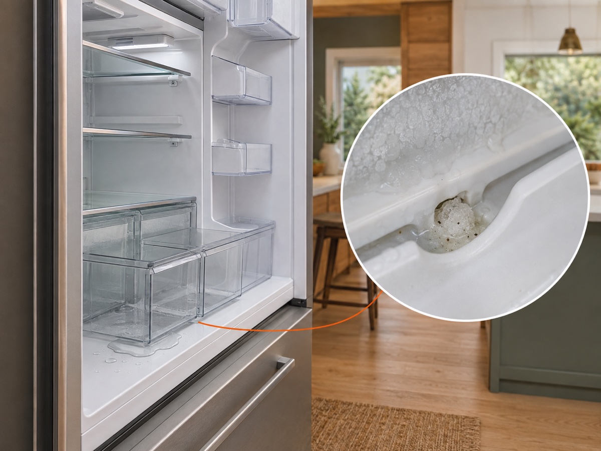 Water below refrigerator crisper drawers and a close-up of an iced defrost drain