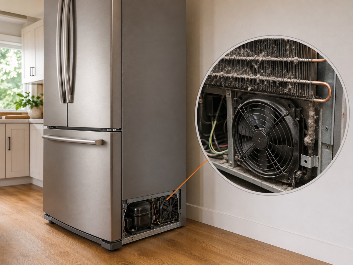 Dusty refrigerator condenser coils and fan at the lower rear of the appliance