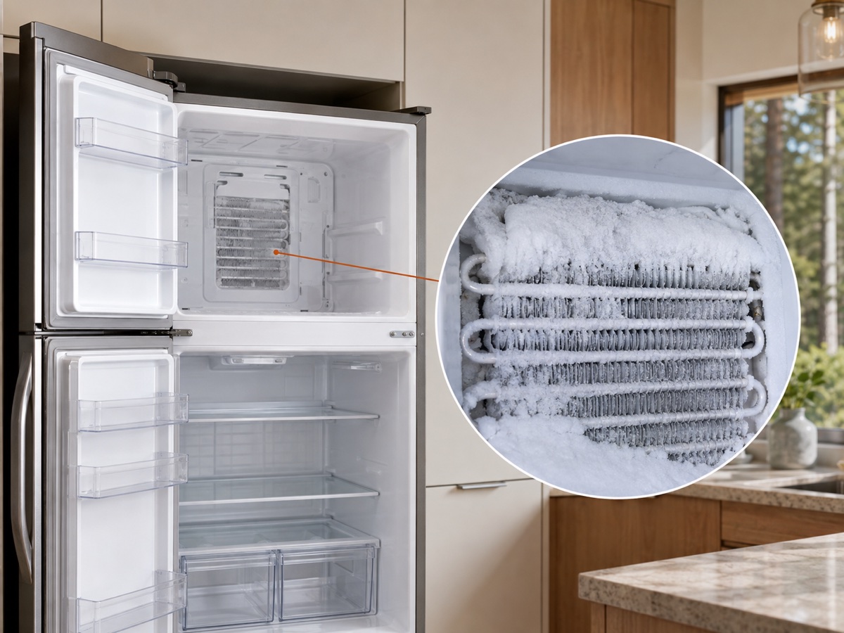 Frost buildup on a refrigerator evaporator behind the freezer rear panel