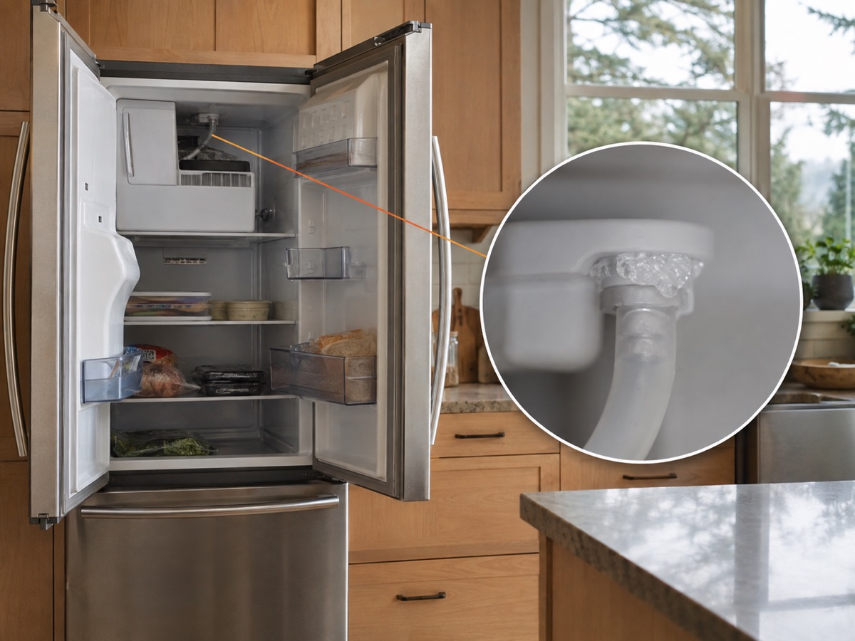 Frozen refrigerator ice-maker fill tube shown in a diagnostic close-up