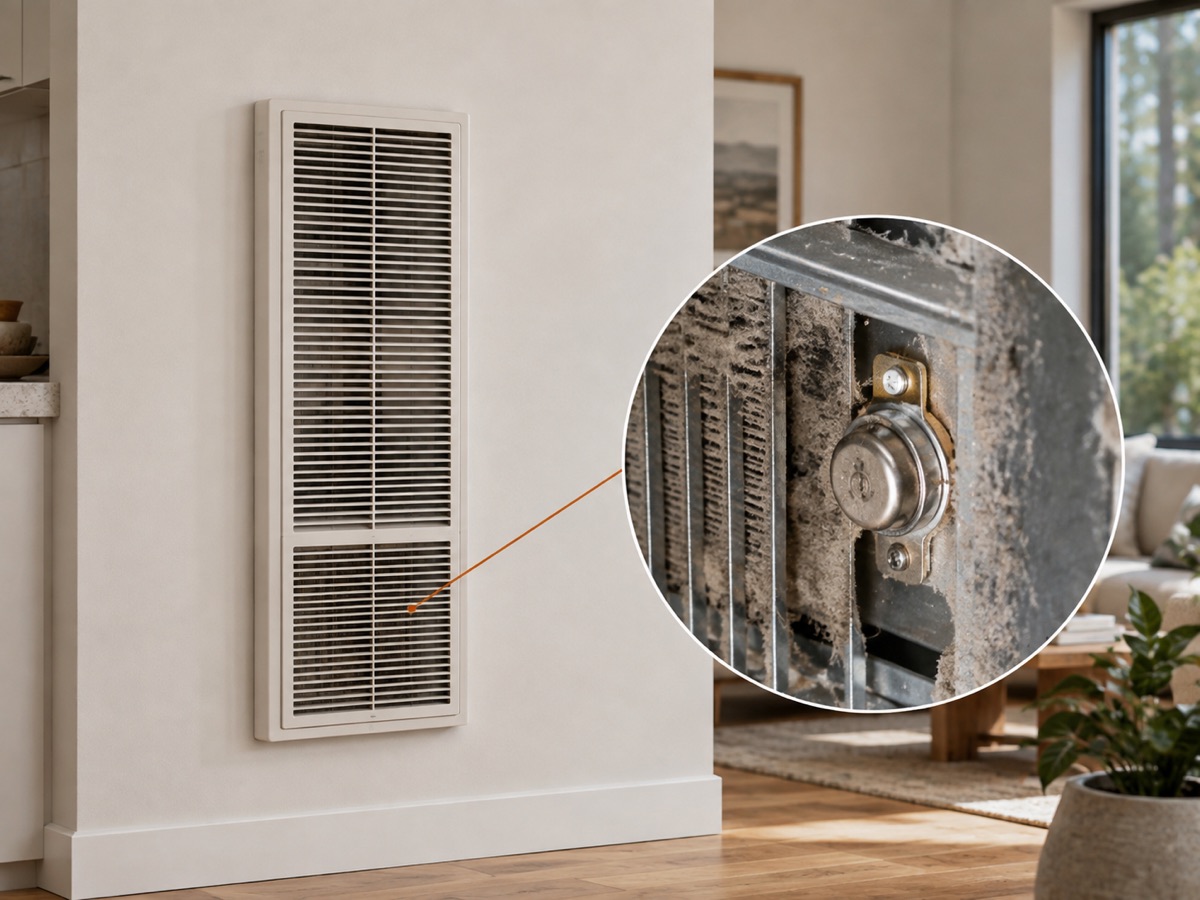 Residential wall heater with a circular close-up of a dust-restricted temperature limit switch