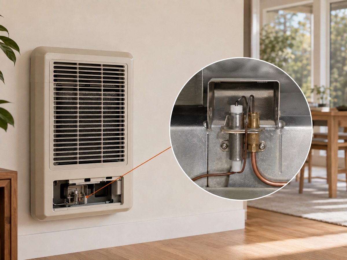 Residential wall heater with a circular diagnostic close-up of the pilot and flame-sensing assembly