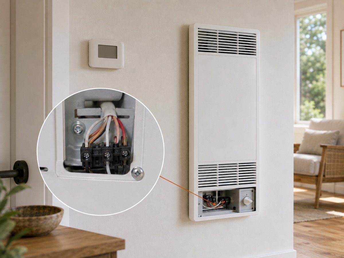 Wall heater and thermostat with a circular diagnostic close-up of a loose control connection