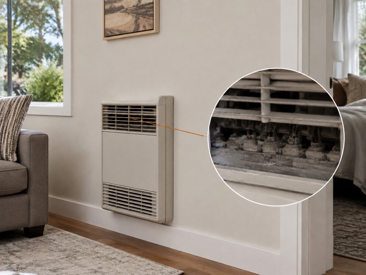 Residential wall heater with a circular close-up of a dusty burner and restricted grille