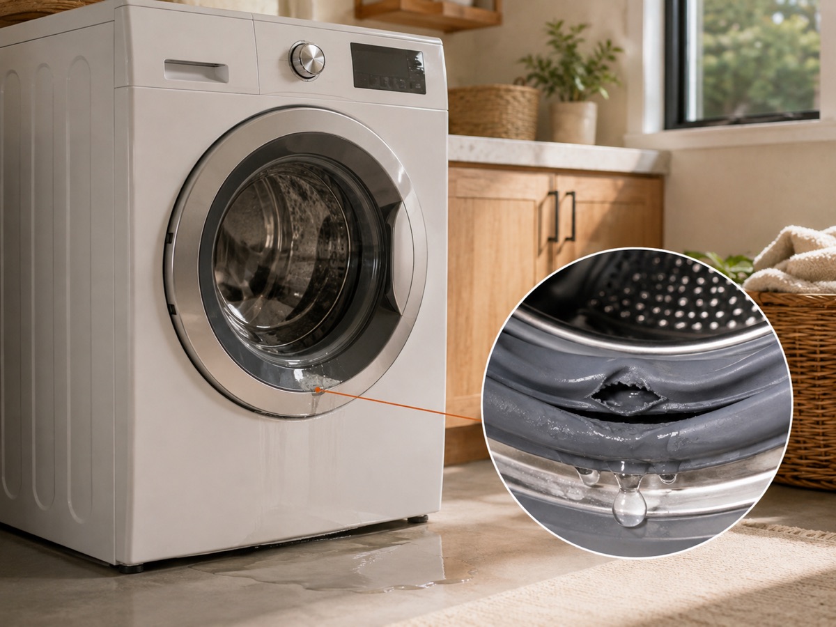 Front-load washer with a small leak and a circular close-up of a torn door boot