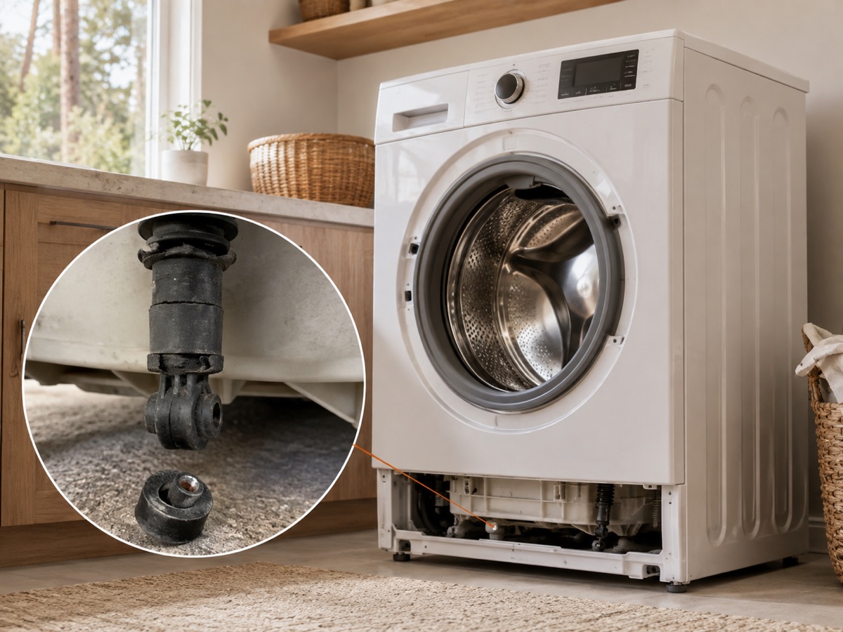 Front-load washer with a circular close-up of a worn suspension component