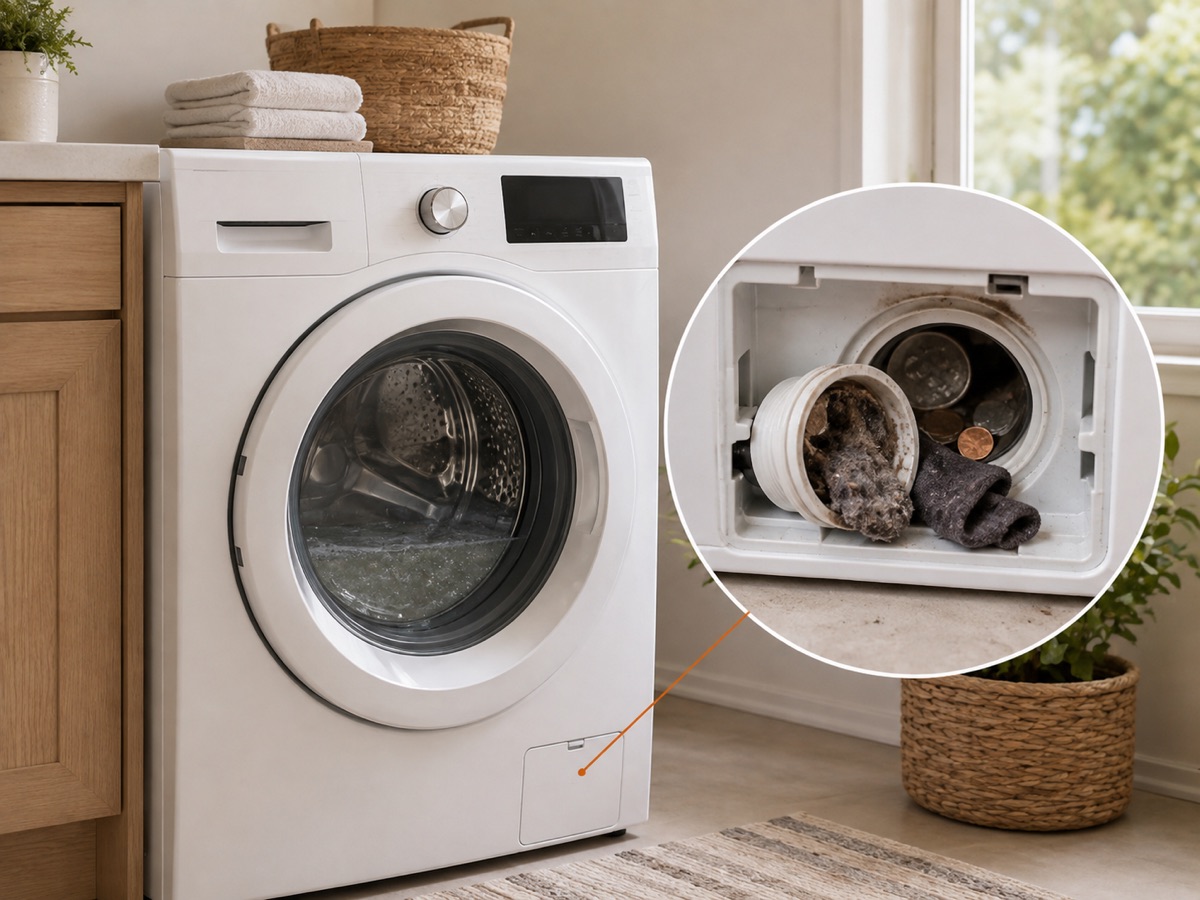 Front-load washer with standing water and a circular close-up of a clogged drain filter