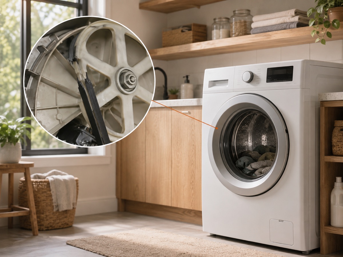 Front-load washer with a circular diagnostic close-up of a slipped and damaged drive belt